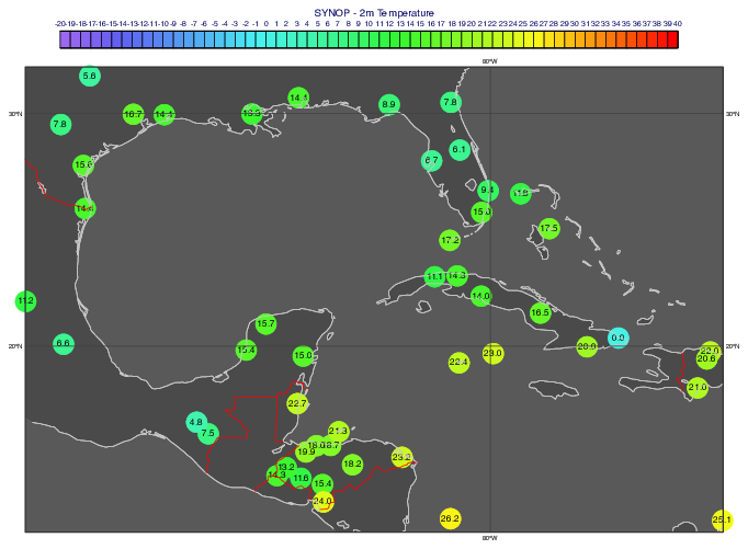 BUFR, Geopoints - Coloured Observation Values in Circles